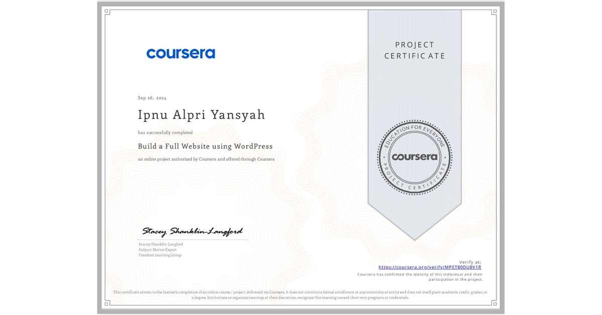 Sertifikat Build a Full Website using WordPress — Coursera