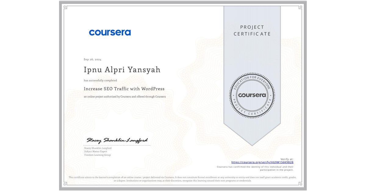 Sertifikat Increase SEO Traffic with WordPress — Coursera