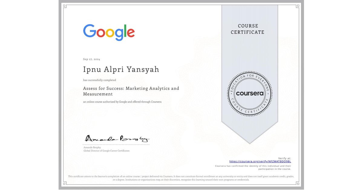 Sertifikat Assess for Success: Marketing Analytics and Measurement — Google