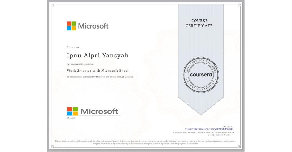 Sertifikat Work Smarter with Microsoft Excel — Microsoft