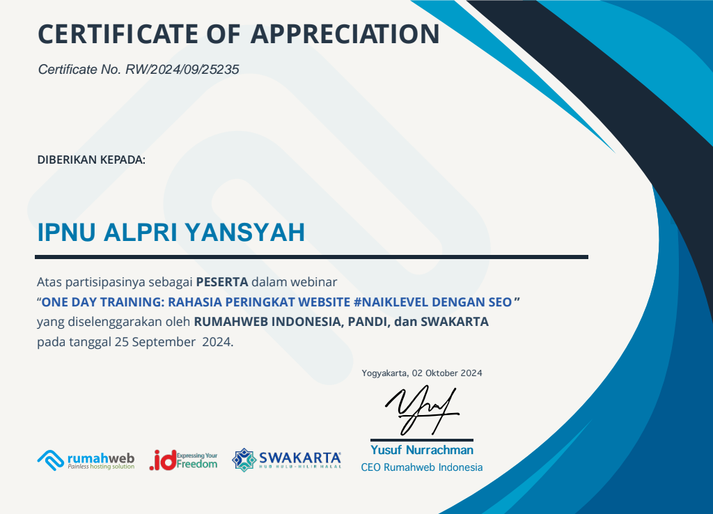 Sertifikat One Day Training: Rahasia Peringkat Website #NaikLevelSEO — Rumahweb Indonesia