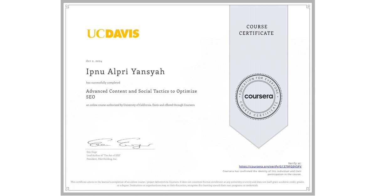 Sertifikat Advanced Content and Social Tactics to Optimize SEO — University of California, Davis